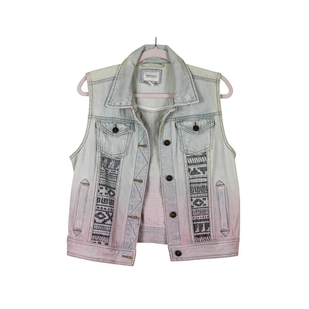 Forever 21 Light Wash Tribal Pattern Distressed Cotton Denim Button‎ Up Vest M